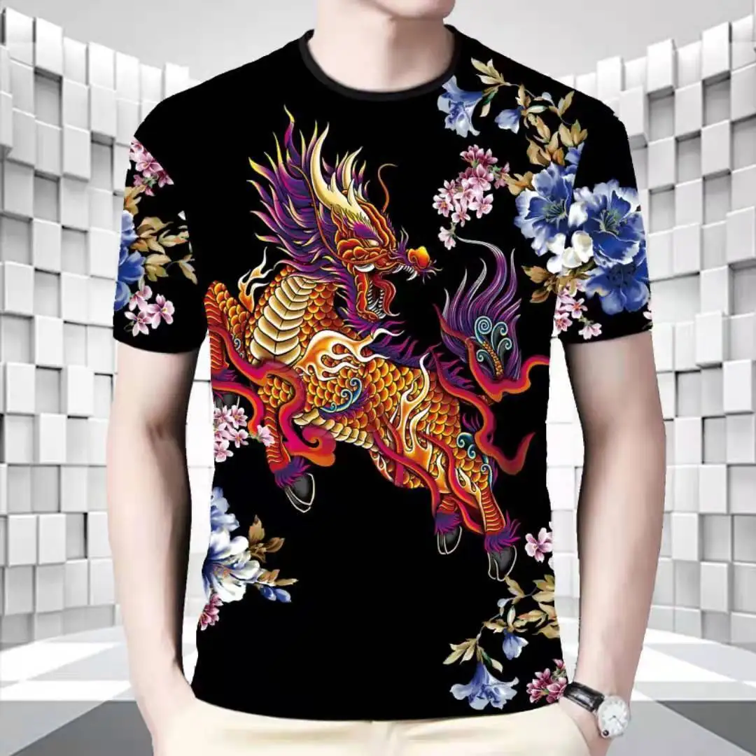 

Summer tide brand men's Chinese style ice silk short sleeve 2021 personalized printed shirt middle-aged handsome men's clothing