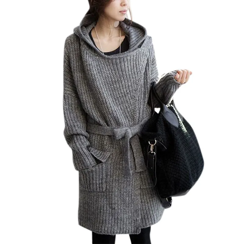 

Grey Autumn Winter Women Sweater Coats Korean-style Hooded Loose Casual Long Cardigan Sashes Open Front Pockets Knitting Coats