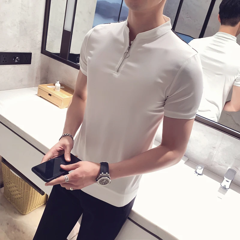 Summer Man Solid Color Zipper Polo Korean Mens Shirt Reserved Camiseta Masculina Short Sleeved Slim Fit 2020 Clothing | Мужская одежда