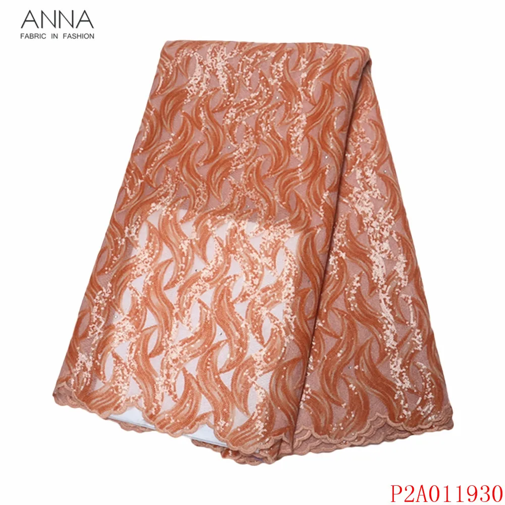 

Anna orange african sequins lace embroidered with stones nigerian tulle fabric 5 yards/piece 2021 high quality french net laces