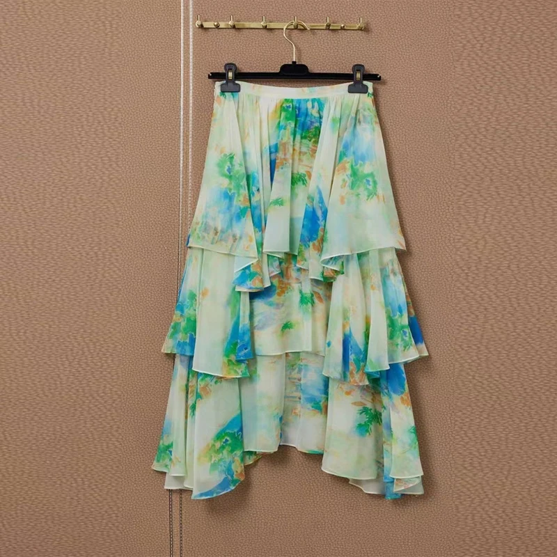 2021 Summer 100% silk V-Neck Tops blue blouses + Flower Printed layered Skirts women 2 Two Pieces Sets