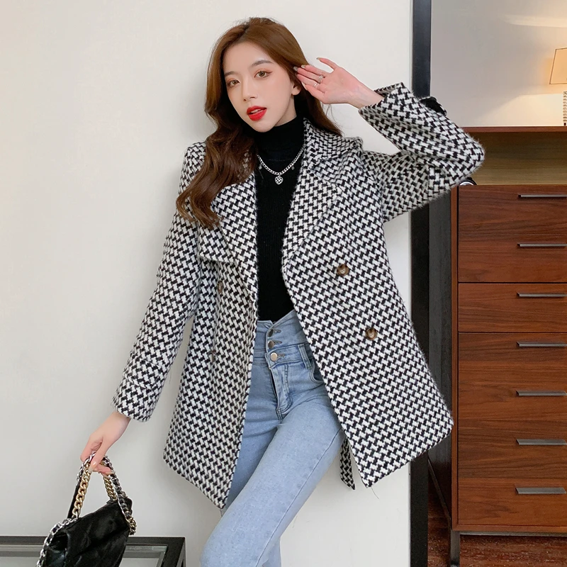 

Korea Chic Temperament Woolen Blends Coat Women Winter Thick Warm Notched Single Breasted Long Sleeve Houndstooth Tweed Coat