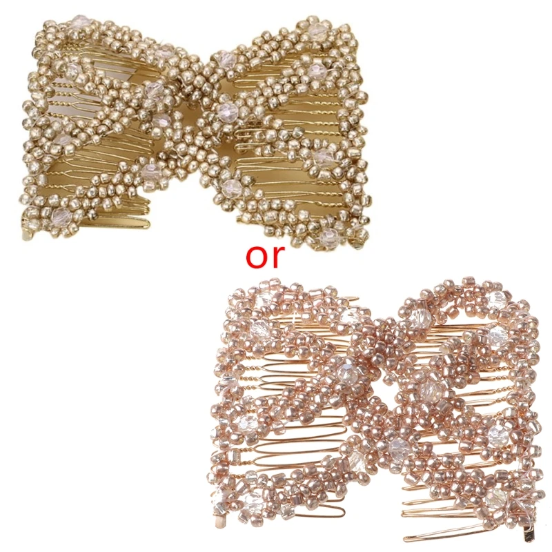 

Women Twist Rhombus Beaded Hair Side Combs Stretchable Double Clips Bun Maker F3MF