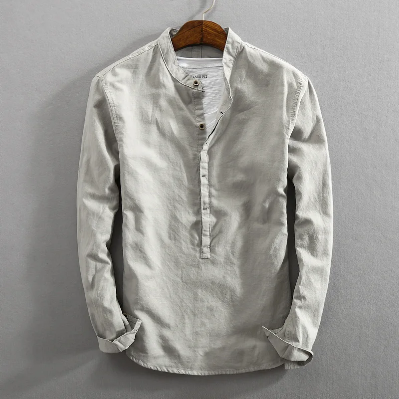 Рубашка Henley мужская с воротником стойкой винтажная Повседневная сорочка из