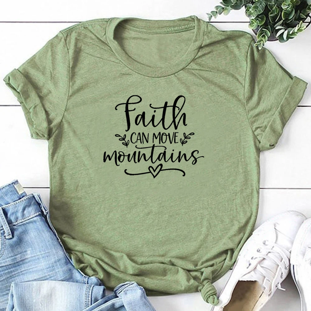Женская хлопковая футболка с коротким рукавом Faith Can Move Mountains Christian Повседневная