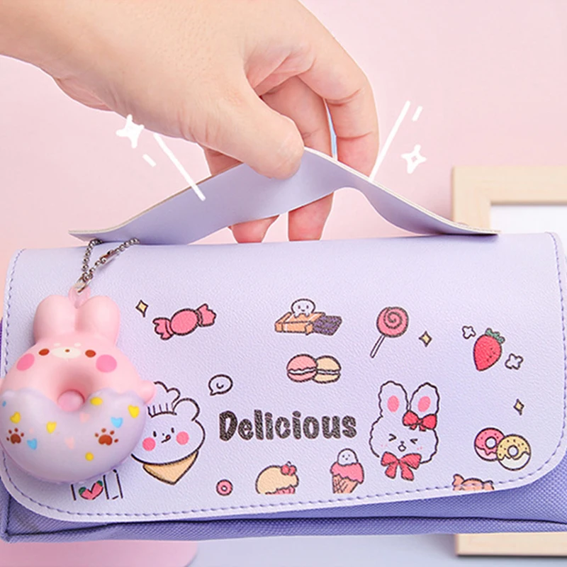 Kawaii Large Capacity Pencil Case 3 Layer Canvas Bag With Anti Stress Toy Pen Holder Marker For Girl Kid School Gifts | Канцтовары для