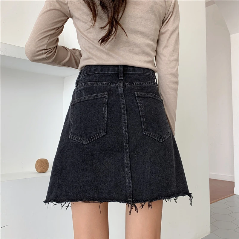 Черная уличная женская джинсовая юбка А-силуэта осень 2019 облегающая короткая