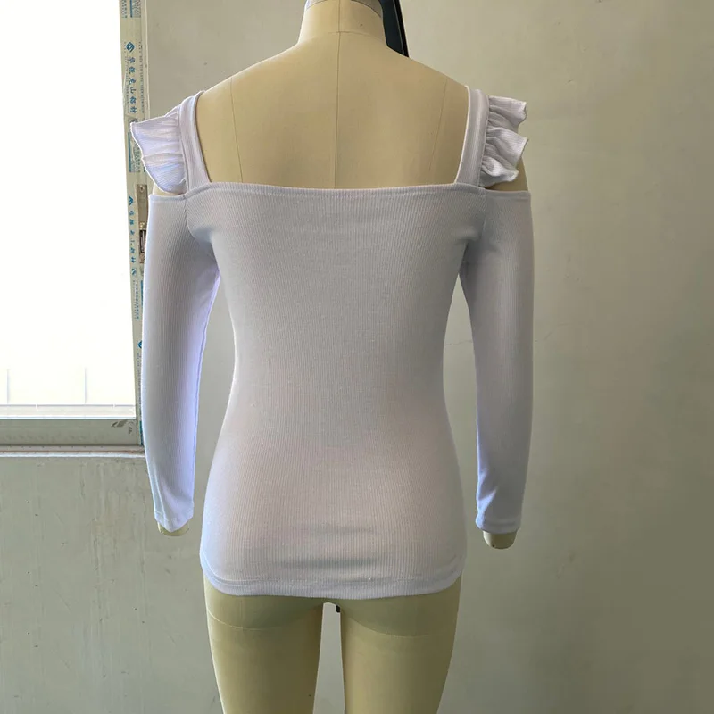 

Black Sexy Hollow Out Ruffles Women T-Shirt Long Sleeve Casual Slim Fashion Korean Winter Off Shoulder Tops Tee 2020 SJ7328R