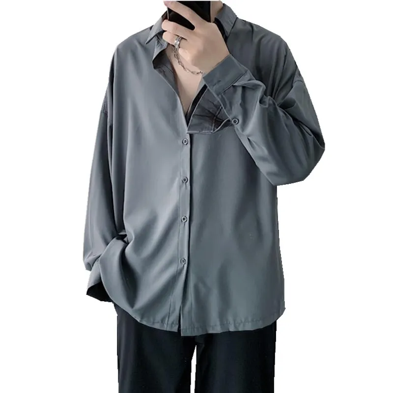 

Рубашка мужская однотонная с длинным рукавом, в Корейском стиле, повседневная, деловая, свободная, в уличном стиле, лето-осень 2021