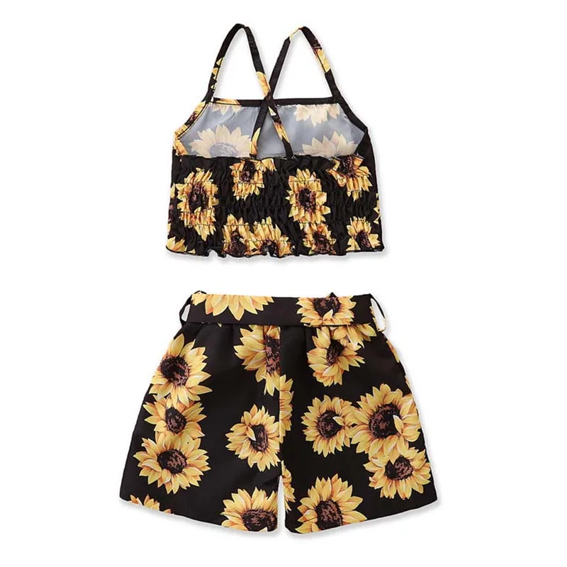 Conjuntos de ropa para ni&ntilde;as, Top con tirantes de girasoles y pantalones cortos, moda para ni&ntilde;os, estilo occidental, 2 uds.-1