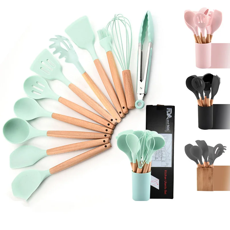 

9/10/11PCS Silicone Cooking Utensils Heat Resistan Set Non-stick Spatula Shovel Wooden Handle Cookware Baking Kitchen Tool