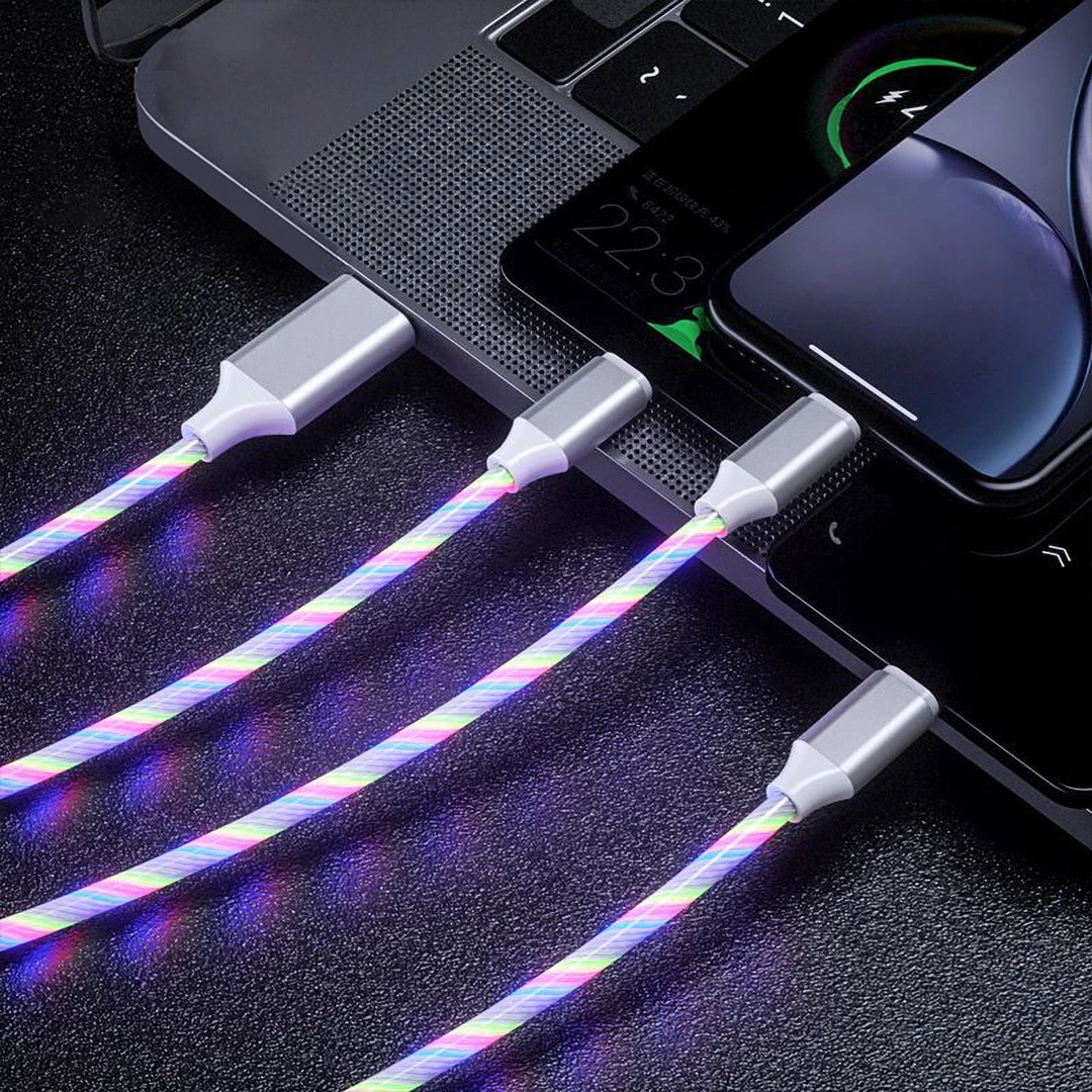 3 в 1 мобильный телефон USB кабель для iPhone Micro usb type C зарядный кабель для Xiaomi samsung Быстрая зарядка светодиодный плавный свет