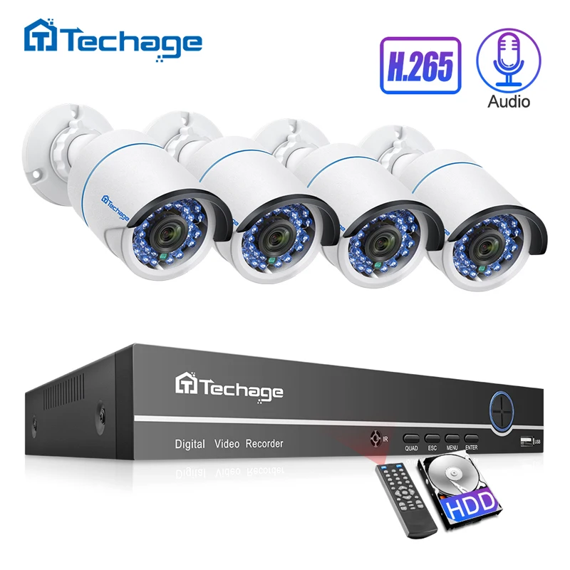 Techage H.265 4CH 1080P POE NVR комплект CCTV система безопасности 2.0MP аудио микрофон IP камера ИК Открытый комплект видеонаблюдения