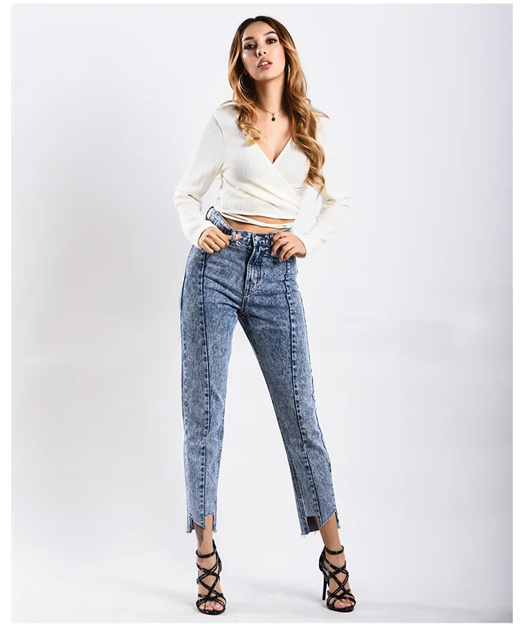 

YYCZF Pantalones Women Style New 2021 High Waist Straight Jean Comfortable Irregular Leg Casual Loose Capris Female Jeans