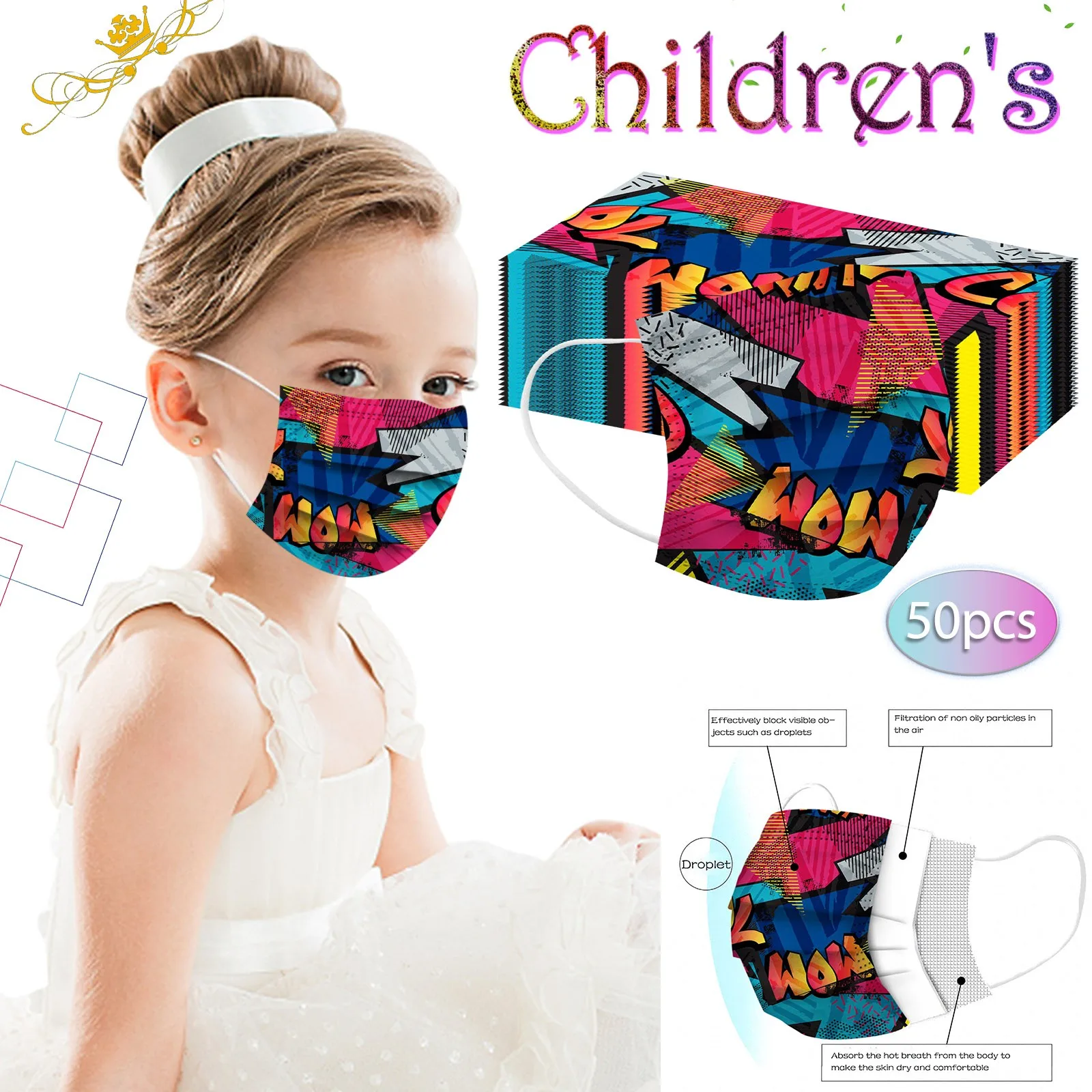 

50pc Kids Face Mask Protection 3ply Breathable Printed Mask For Kids Child Girls Baby Pm2.5 Dustproof Masks Earloop Bandage