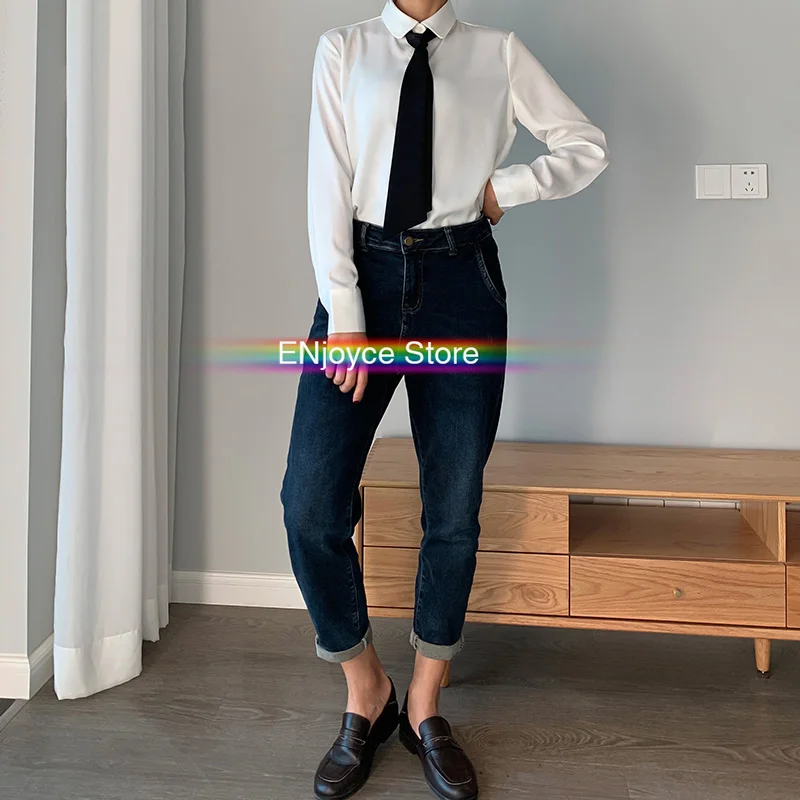 Высокое качество Бесплатная черный галстук белая шифоновая блузка женские топы