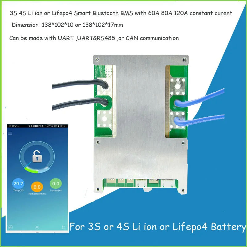 

4S 12.8V Lifepo4 or 16.8V Lithium battery Smart BMS with Bluetooth Communication UART RS485 60A 80A 100A 120A current