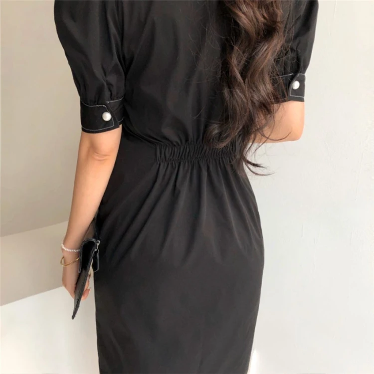 

YOCALOR New 2020 Women Summer Dress Casual High Waist Turn-down Collar Single Breasted Puff Sleeve Vintage Long Dress