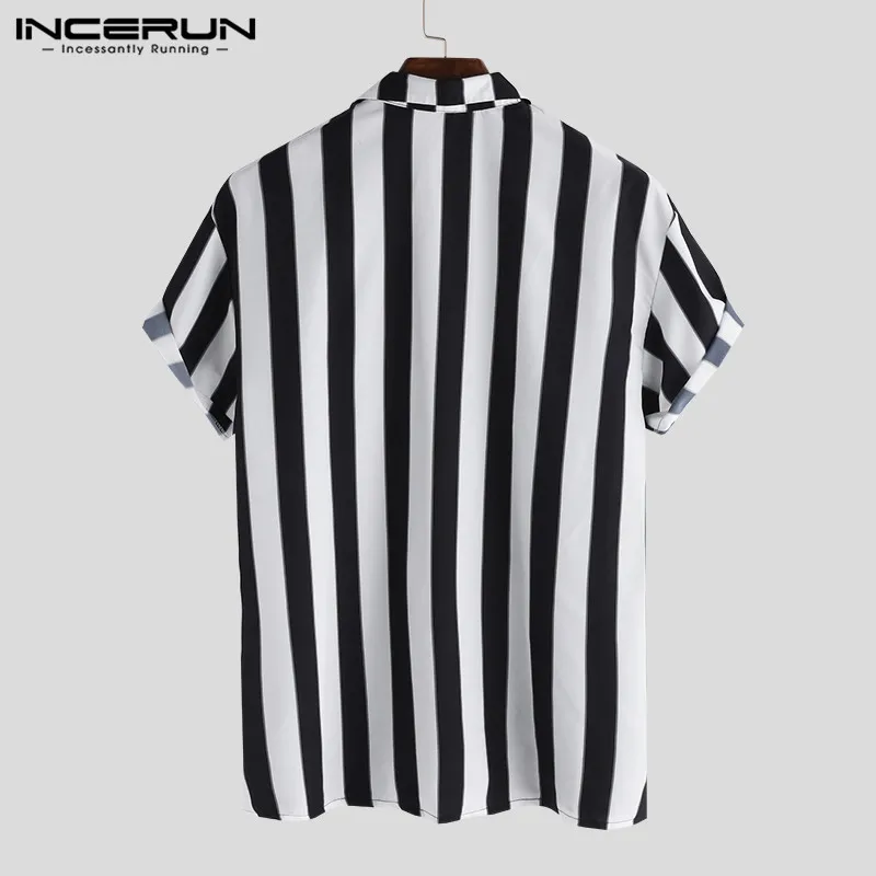INCERUN Men Striped Shirt Casual Lapel Neck Short Sleeve Button Brand Shirt Chic Loose Streetwear Vacation Blouse Chemise 2023