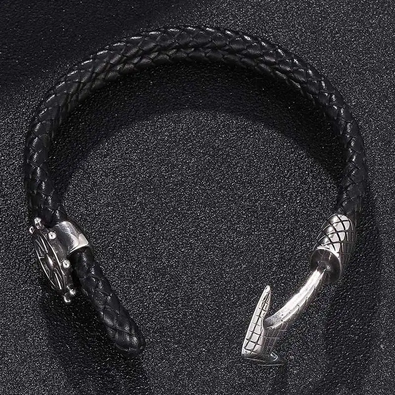 Модный черный кожаный плетеный браслет с якорем мужские двухслойные браслеты