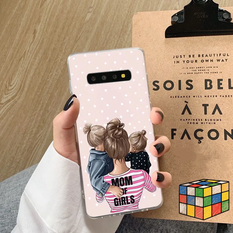 Black Brown Hair Baby Mom Girl Son Soft TPU Phone Case For Samsung S21 Ultra S20 FE Note 20 10 Pro 9 S10 Lite S10E S9 Plus Cover