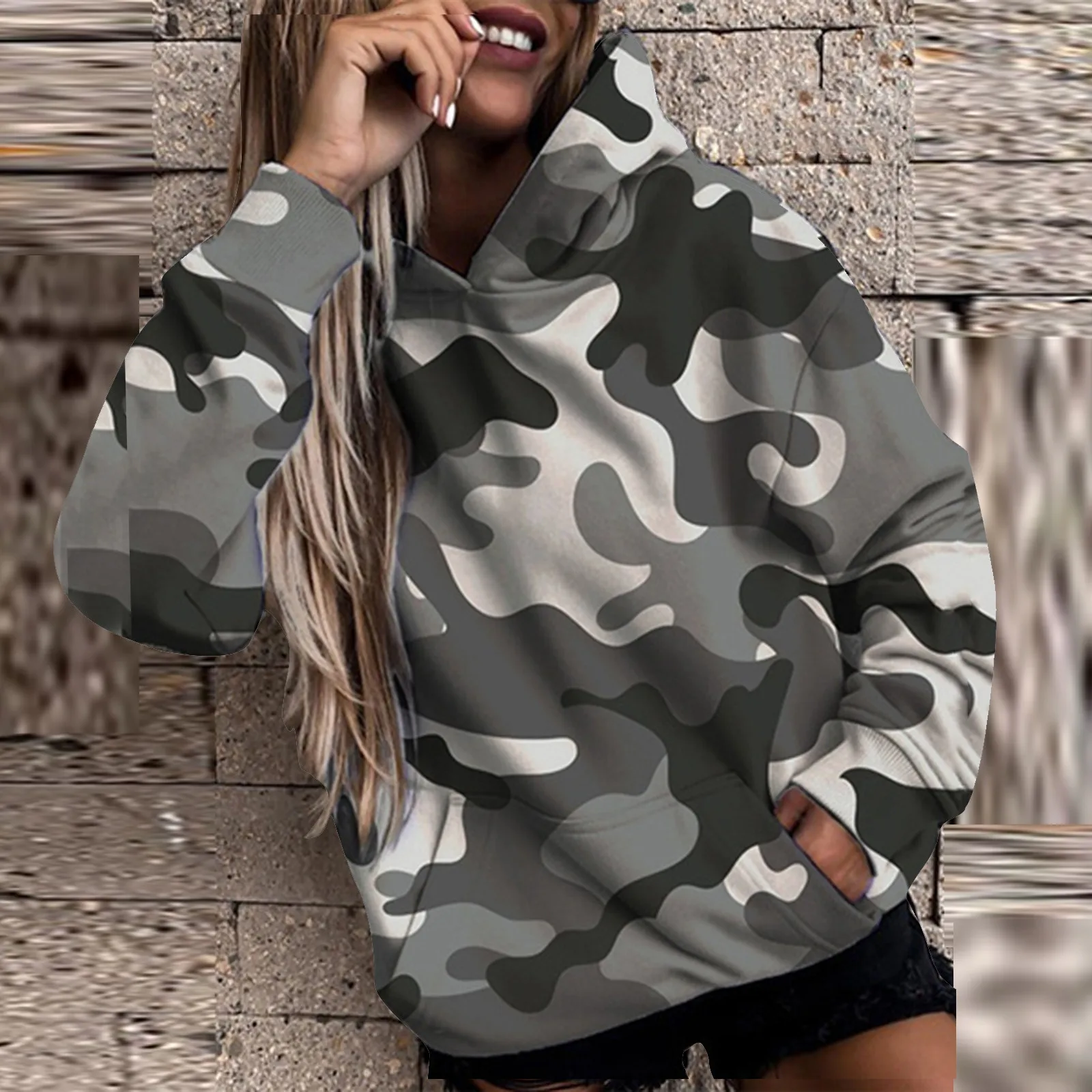 

Женский пуловер с капюшоном, Модный повседневный свитшот с камуфляжным принтом, пуловер с длинным рукавом, спортивные топы с капюшоном