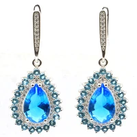 39x17mm real 7 3g 925 solid sterling silver romantic pear shape paris blue topaz cz earrings