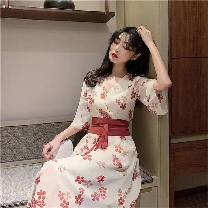 

Chinese Traditional Dress Hanfu Women Summer 2021 Harajuku Vintage Floral Elegant Chiffon Hanfu Dress for Girls Party Dresses
