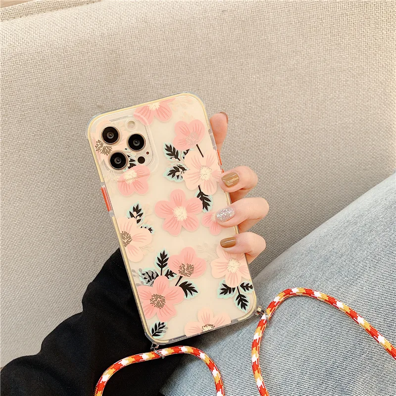 

Ins Lanyard Phone Case For iphone 12 Pro Max Soft Clear TPU Back Cover For iPhone 11 8 Phone Case Transparent Shockproof Frame