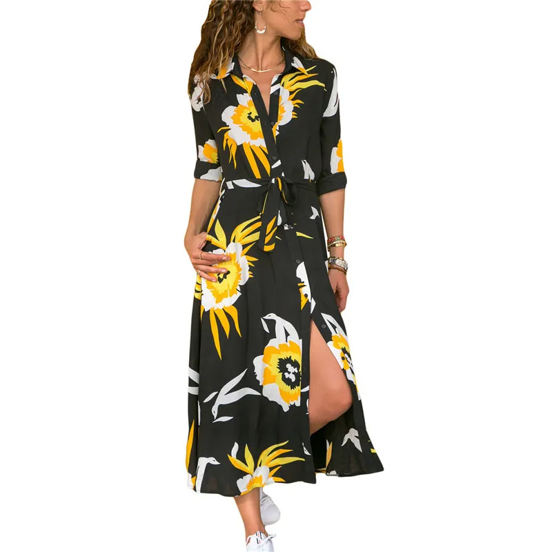 

Women's Floral Printed Dress 2020 Autumn New Casual Lace-up Vestido Ladies Vogue High Waist Elegant Maxi Split Dresses With Sash