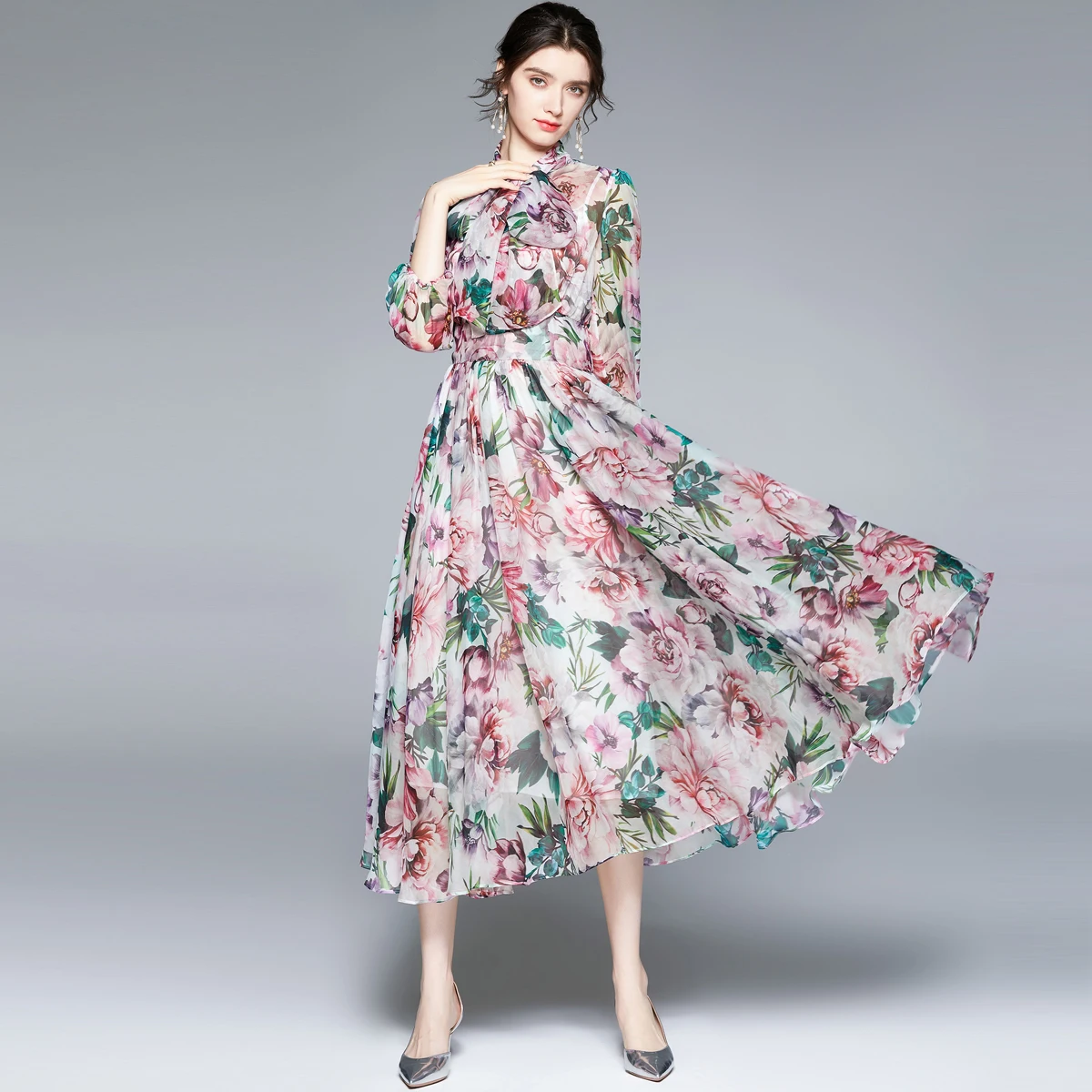 WTIANYUW New 2021 Summer Fashion Designer Dress Women Dress Bow Collar  Floral -Print Elegant Vacation Chiffon Dresses