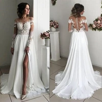 lace slit wedding dress 2020 long sleeves a line split chiffon dubai arabic simple boho long vestido de noiva bridal dresses