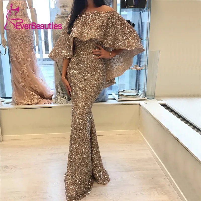 

Sleeveless Shawl Luxury Evening Dresses 2020 Dubai Mermaid Sequined Sparkle Evening Gowns Robe De Soiree