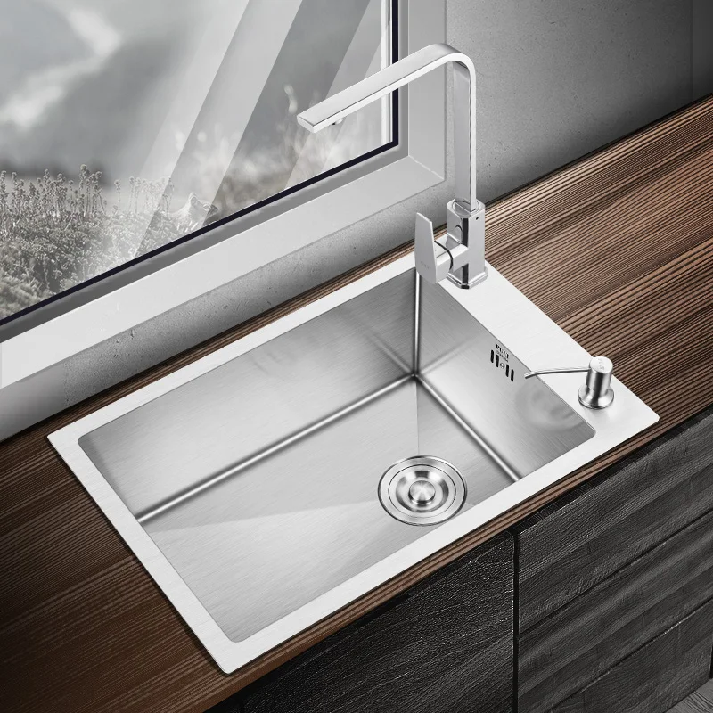 

Brushed Stainless Steel Single Bowl Sink Silver Vegetable Washing Basin Sink Large Size Kitchen Sink Above Counter 60x40cm