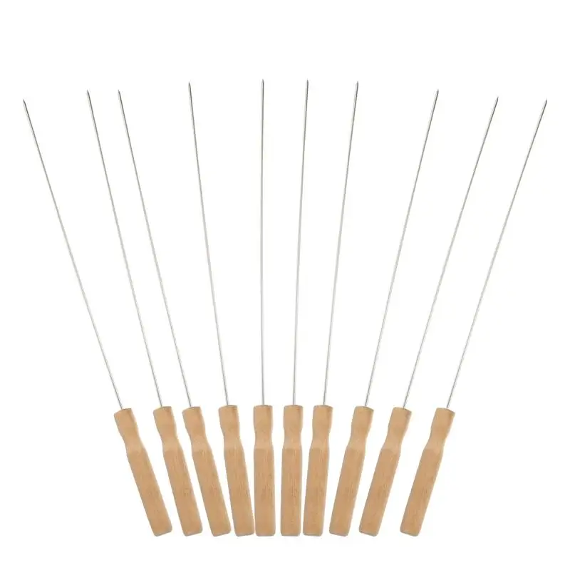 

10Pcs Stainless Steel Flat Kabob Skewers BBQ Barbecue Skewer with Wood Handle