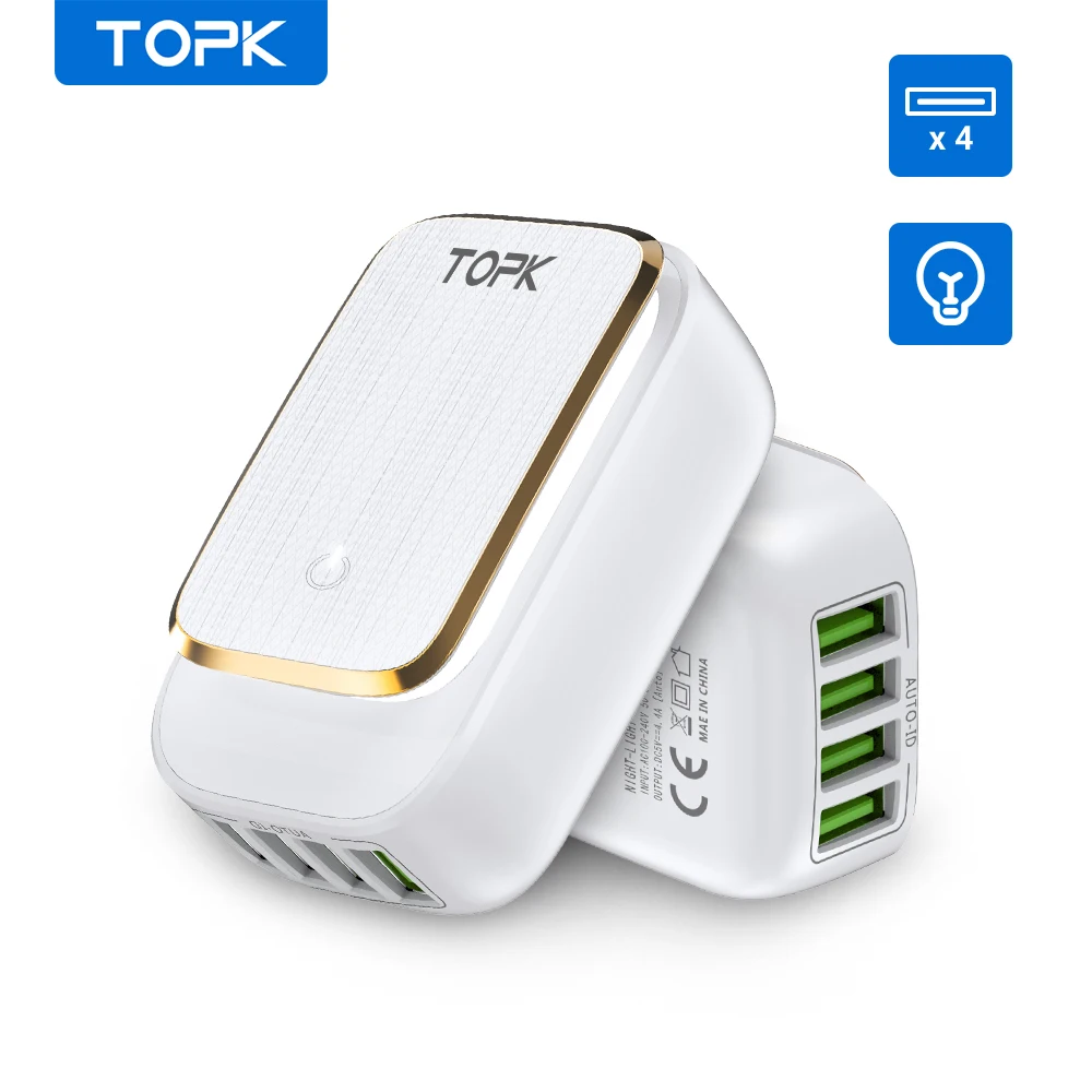 

TOPK B4405 4-Port 4.4A(Max) 22W EU USB Charger Adapter LED Lamp Auto-ID Portable Phone Travel Wall Charger for iPhone Samsung