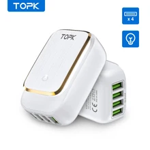 TOPK B4405 4-Port 4.4A(Max) 22W EU USB Charger Adapter LED Lamp Auto-ID Portable Phone Travel Wall Charger for iPhone Samsung