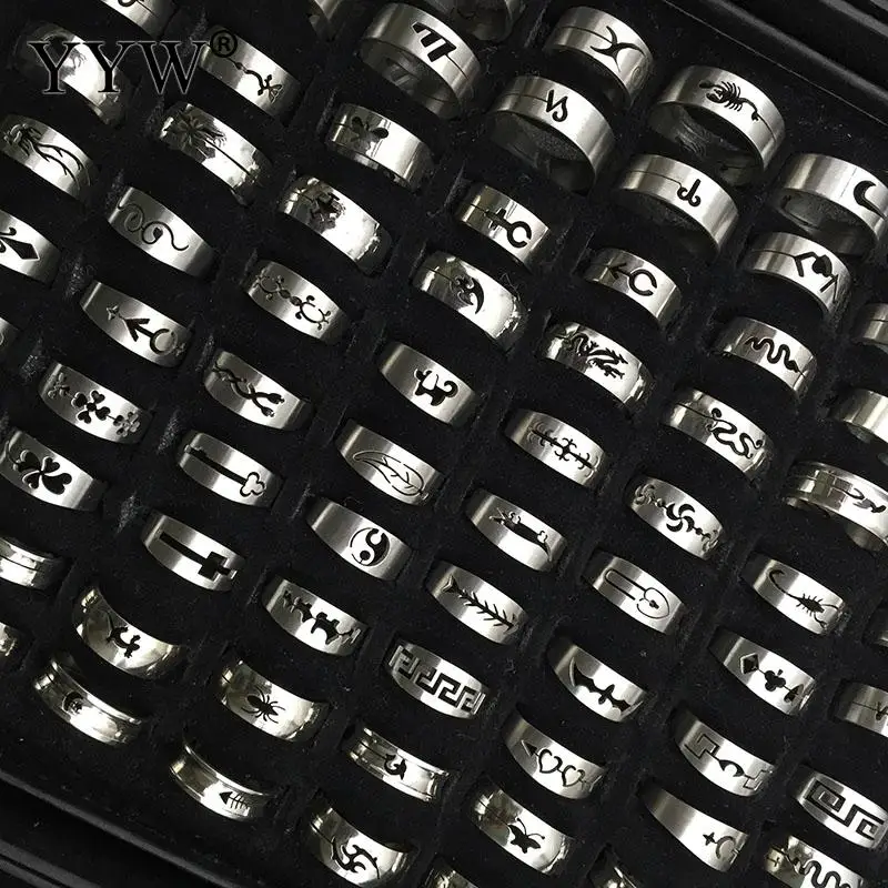 

100pcs/Box Silver Color Round Statement Rings Mixed Titanium Steel Punk Rings For Women Men Jewelry Wholesale