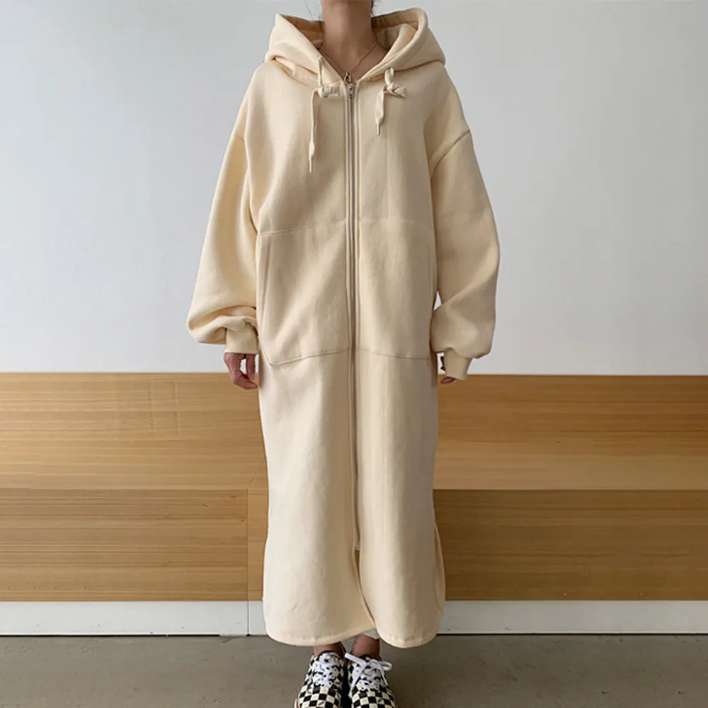 

Hoodie Korean Fashion Womens Solid Color 2021 Autumn Winter Loose Casual Plus Velvet Hooded Zipper Long Sleeve Cardigan Jacket