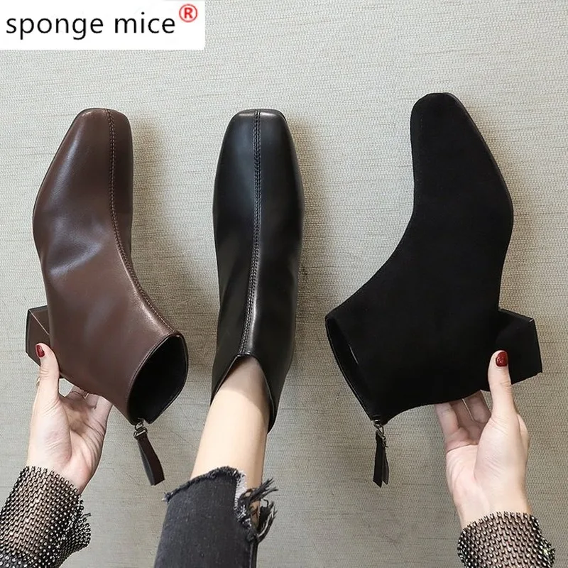 

2020 New Autumn Women Boots Fashion High Heels Ankle Boots Retro Zipper Short Boots PU Leather Boots Square Toe Botas Mujer K10