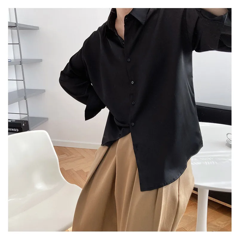 

Women Blouse Fashion Spring Summer Elegant Acetate Satin Cool Gloss Shirt Long Sleeves Luxury Female Tops Collar Camisas Mujer