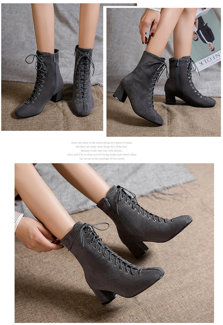 Женские ботильоны черного цвета; ботинки на не сужающемся книзу массивном каблуке; ботинки с острым носком на высоком каблуке; сезон осень-зима; женские модные ботинки на молнии; цвет серый, черный;