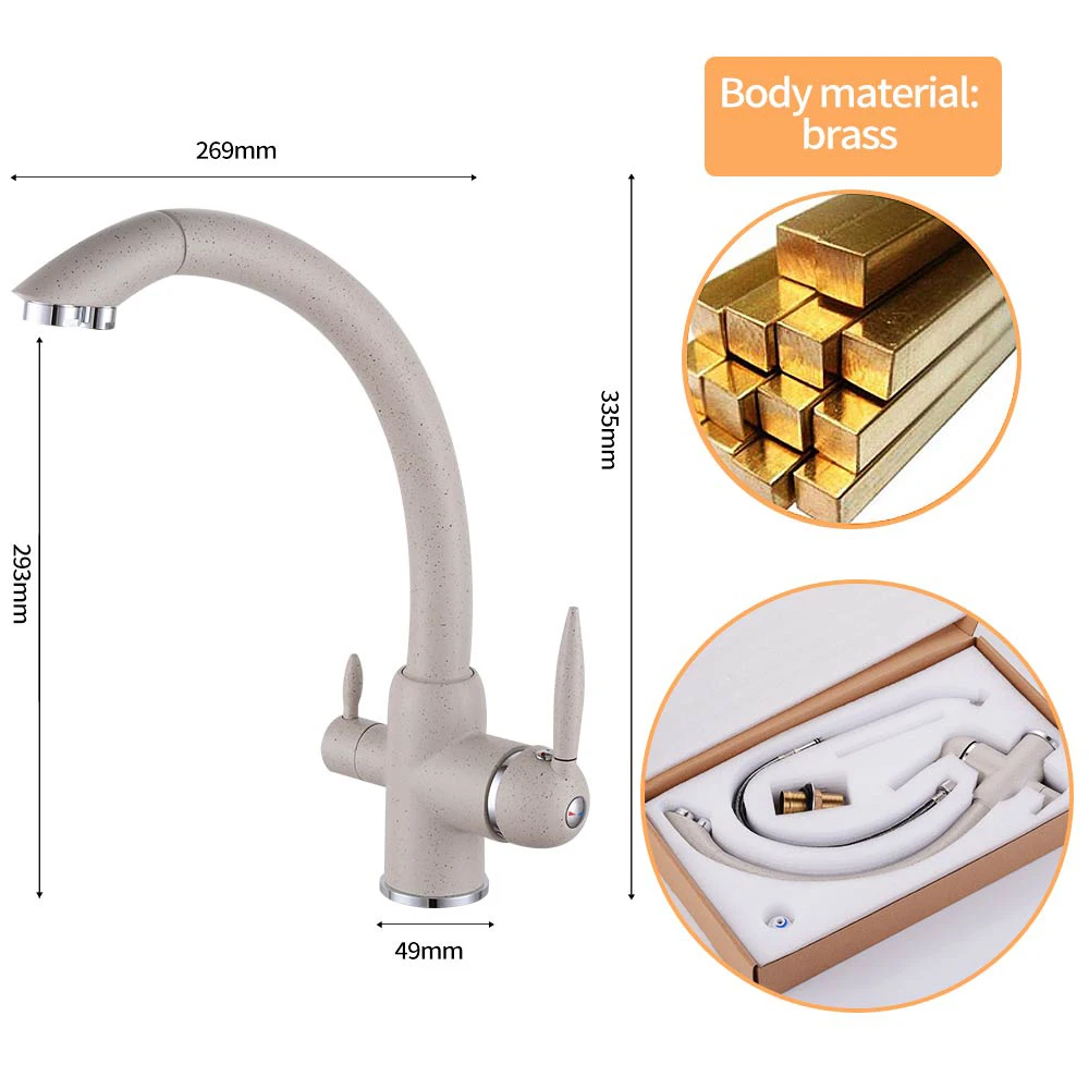 

Kitchen Filter Faucet Beige Eith Dots Installation on Deck Sink Tap Single Hole Double Handle Hot and Cold Water Mixer Faucets