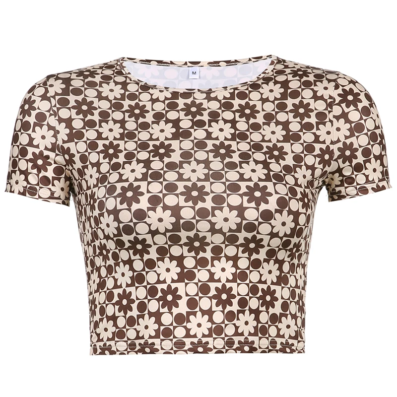 

Floral Printed Y2K Brown Cropped Tops Women Harajuku Vintage Cute Tshirts Retro Korean Summer Skinny Fashion Tees Cuteandpsycho