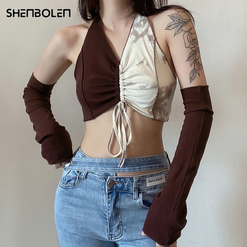 

Lace Up Corset Top Contrast Aesthetic With Glove Crop Top Backless V Neck Patched Knitted Sweats Women Retro Vest Cute
