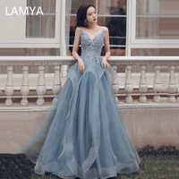 lamya elegant plus size appliques evening dresses sexy v neck spaghetti straps prom dress backless robe de soiree
