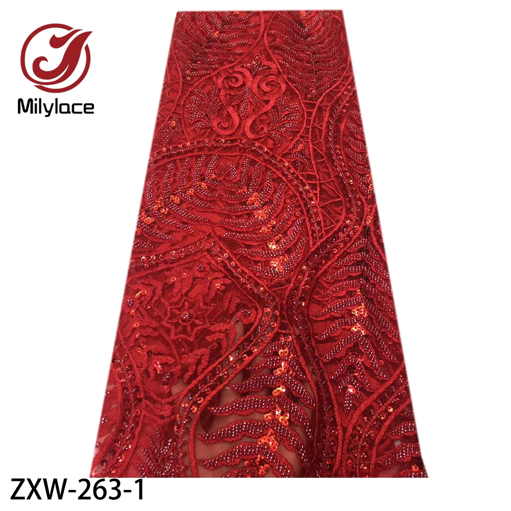 Красная роскошная кружевная ткань ручной работы из бисера с блестками