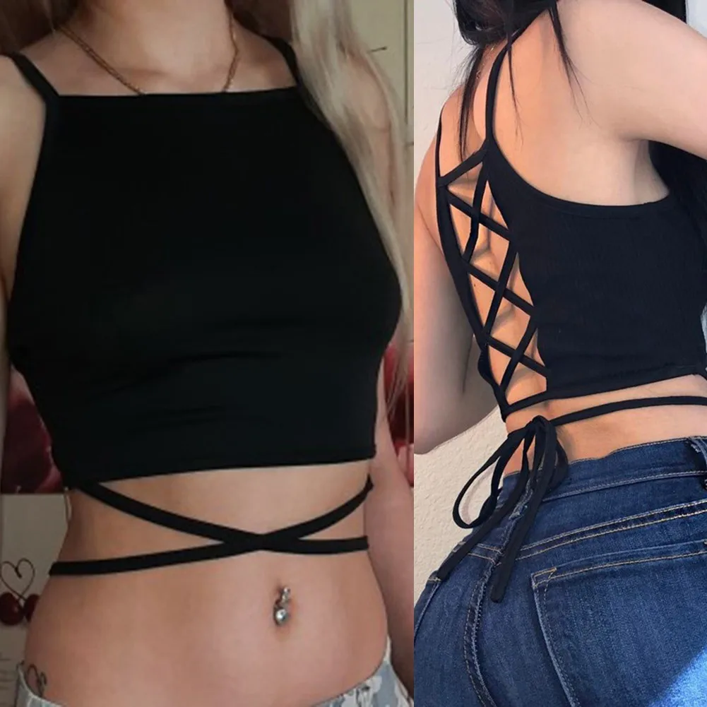 

Summer New Fashion Women Sexy Sling Personalized Buckle Straps Crop Tops Tank Summer Casual Sleeveless Short Vest Clubwear