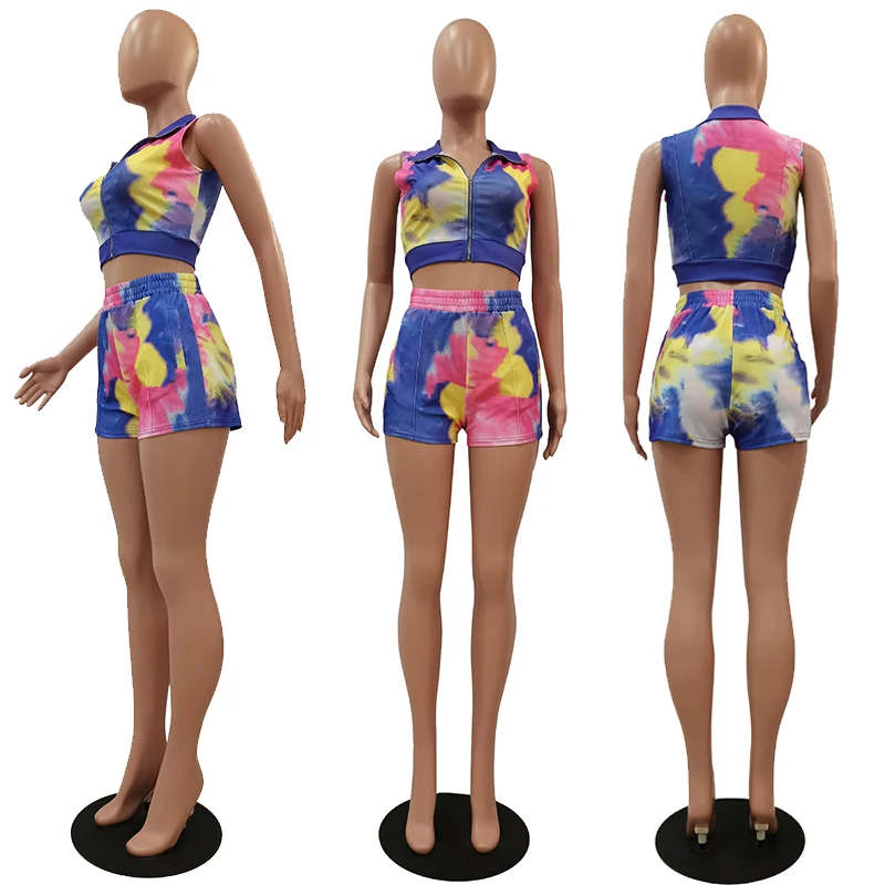 

Tie Dye Bodycon Two Piece Set Casual Streetwear Club Summer Outfits for Women Clothes Sleeveless Crop Top and Biker Shorts Set