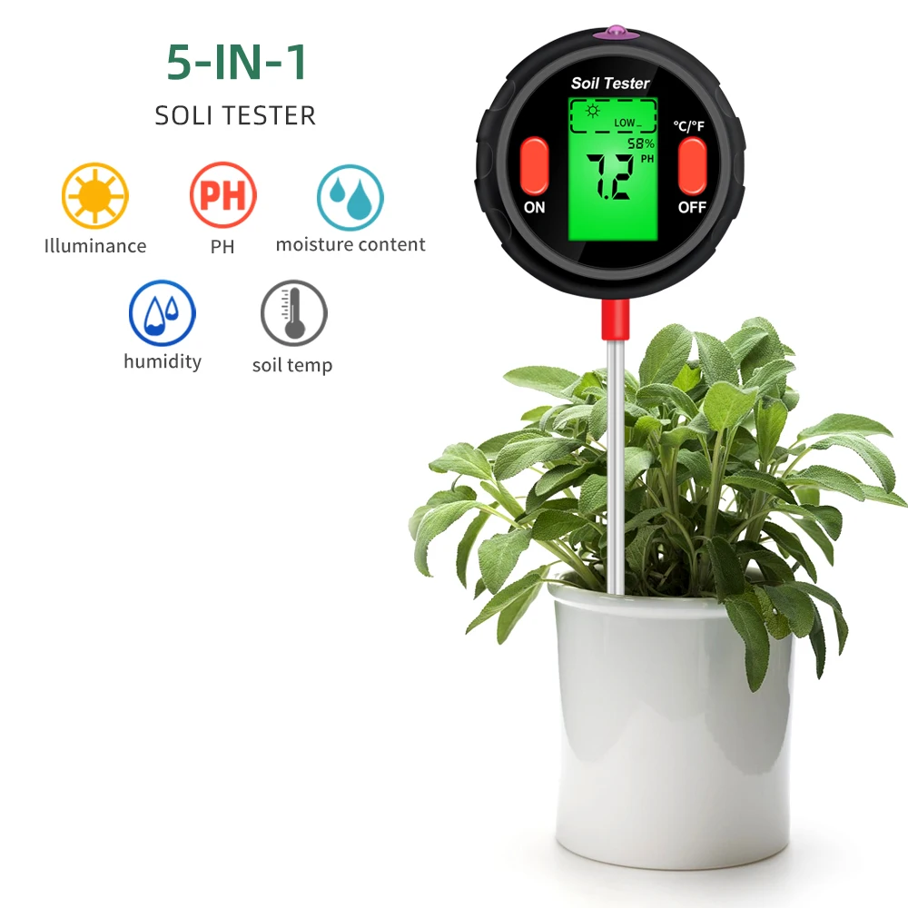 

5 In 1 Digital Soil Ph Meter Moisture Sunlight Temperature Acidity Measuring Tester Portable LCD Changer Soil Analyzer 40% off